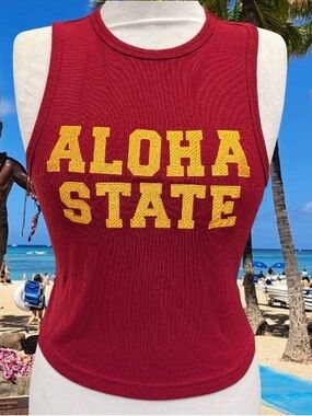 Sumwon Aloha State Hawaii Y2K Sleeves Women Crop Top Sz S Red Beach Stretch Sexy